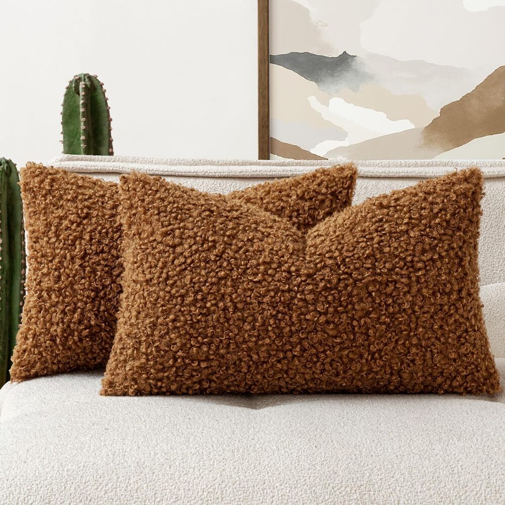 3660 Faux Fur Throw Pillow Covers 20x12 Inch Set of 2 Boucle Neutral